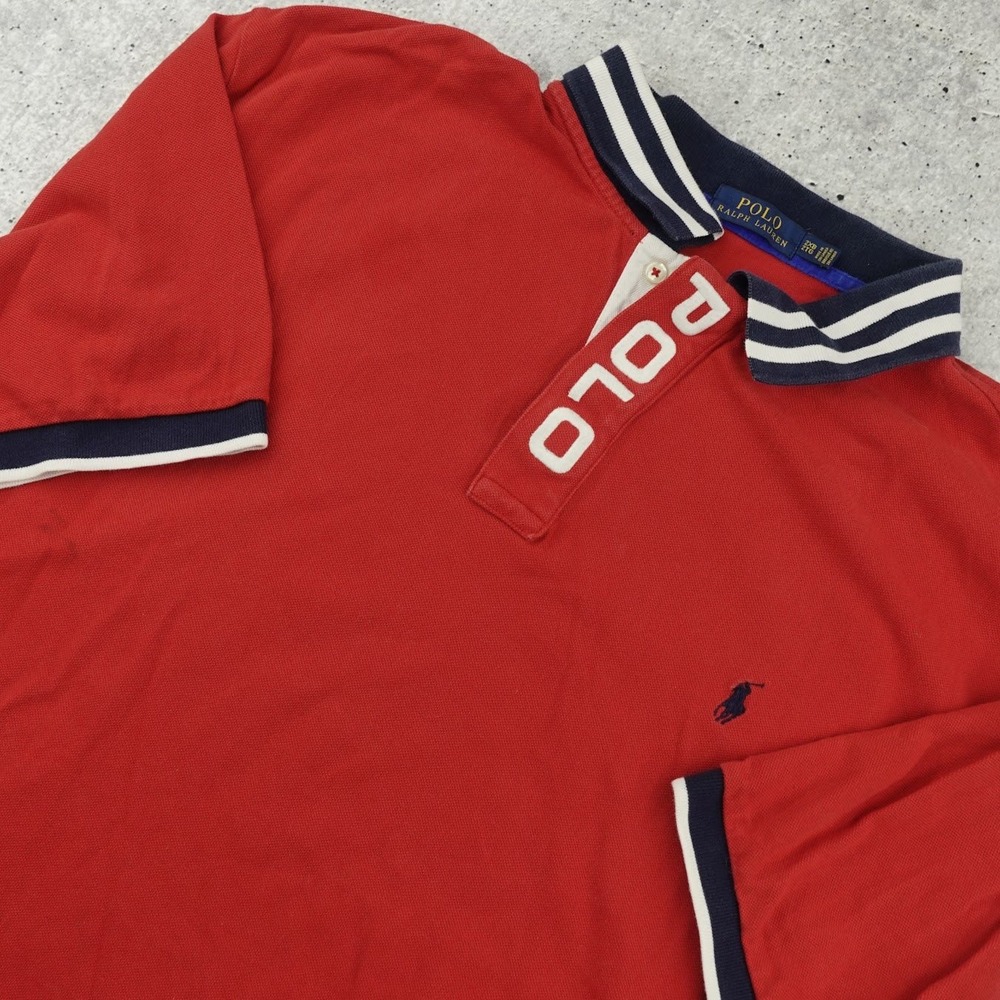 Polo Ralph Lauren Striped-Collar Polo Men 2XB Red Short Sleeve Spellout Cotton